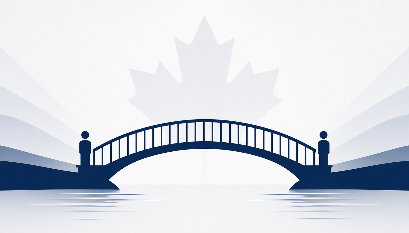 Illustration of two people connected by a secure digital bridge with a Canadian maple leaf, representing ConnectCorr